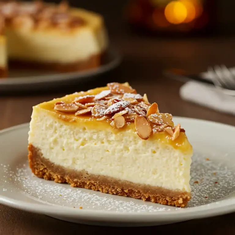 Elegant slice of Amaretto Cheesecake with a cookie crust, topped with glossy Amaretto sour cream and toasted sliced almonds.