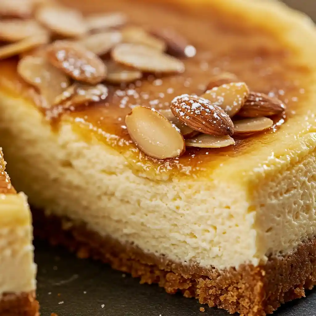 Extreme close-up showing the creamy texture of Amaretto Cheesecake, emphasizing the glossy sour cream topping and toasted sliced almonds.