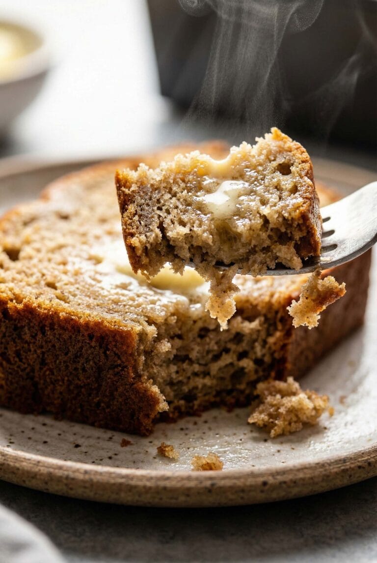 Close-up of a fork picking up a piece of banana bread, showing its moist, tender, and fluffy texture inside.