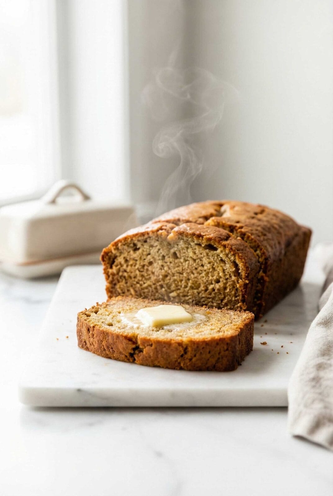 Super moist and fluffy banana bread sliced ​​on a marble board with melted butter on top
