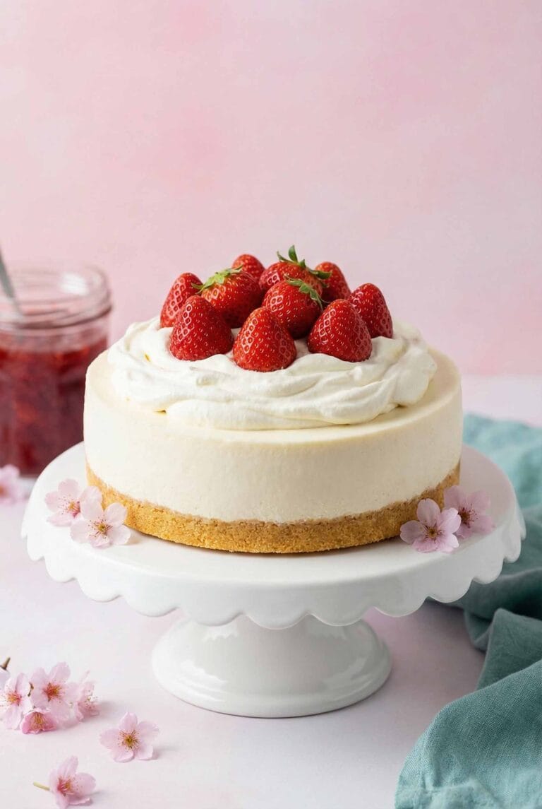 Whole no-bake cheesecake on a white cake stand, topped with whipped cream swirls and fresh strawberries, with a graham cracker crust
