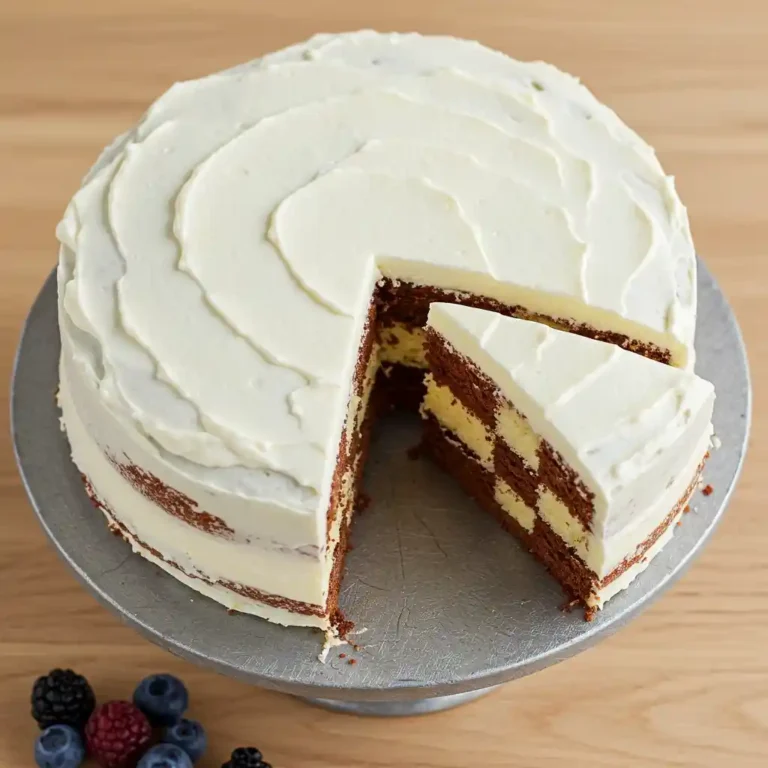 Slice of checkerboard cake showing alternating vanilla and chocolate square pattern inside