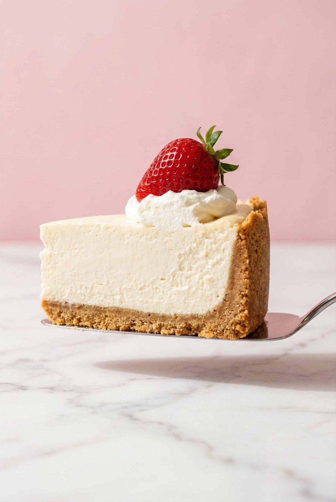 Close-up of a slice of creamy no-bake cheesecake being lifted by a cake server, showing the smooth texture and thick graham cracker crust.