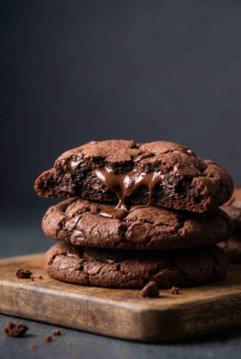 Extreme close-up of double chocolate chip cookies stacked with a gooey melted chocolate center