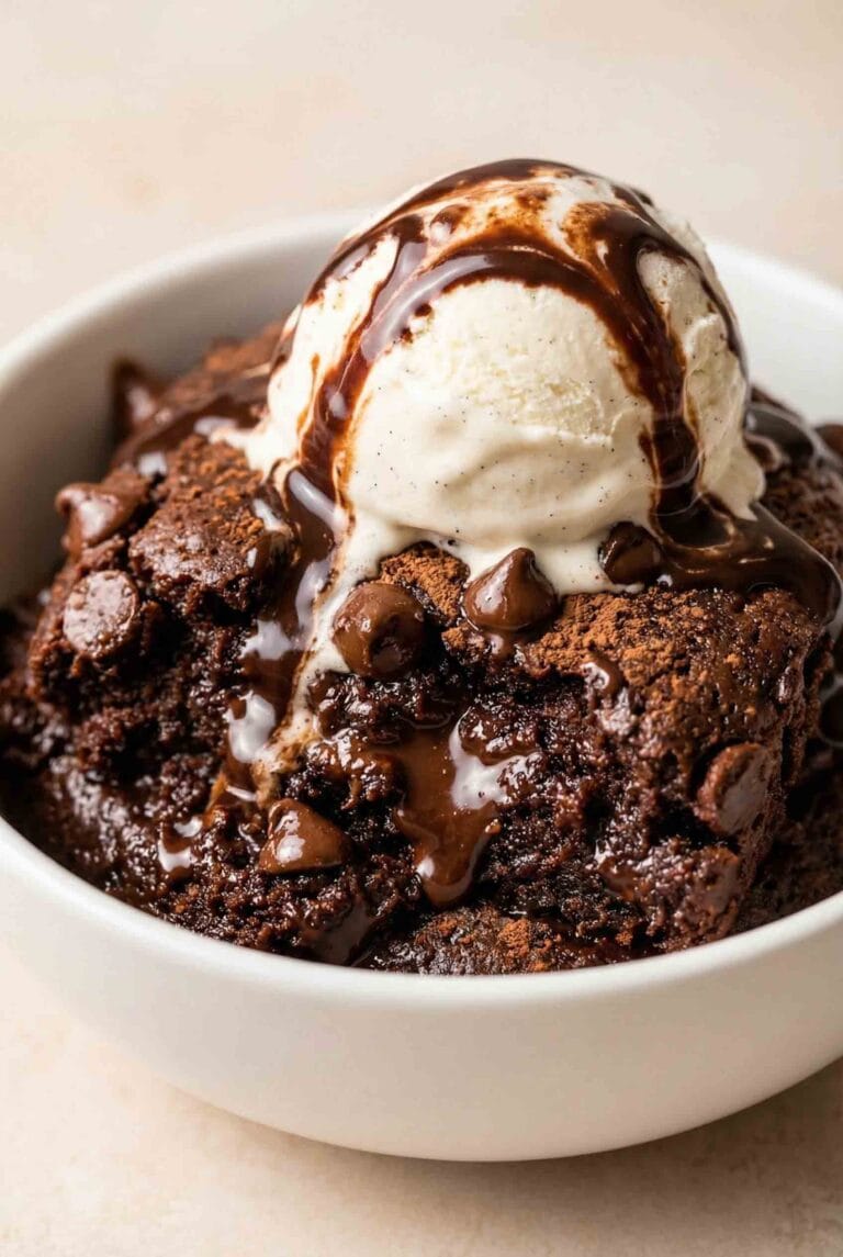 Extreme close-up of an Easy Chocolate Dump Cake with vanilla ice cream and chocolate syrup, showing the moist texture of the cake and the melted chocolate pieces.