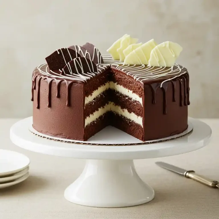Elegant tuxedo cake with layers of chocolate cake and white chocolate filling topped with dark chocolate ganache and white chocolate drizzle