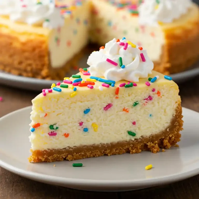 Perfect slice of Funfetti cheesecake topped with whipped cream and rainbow sprinkles, showing the vanilla wafer crust