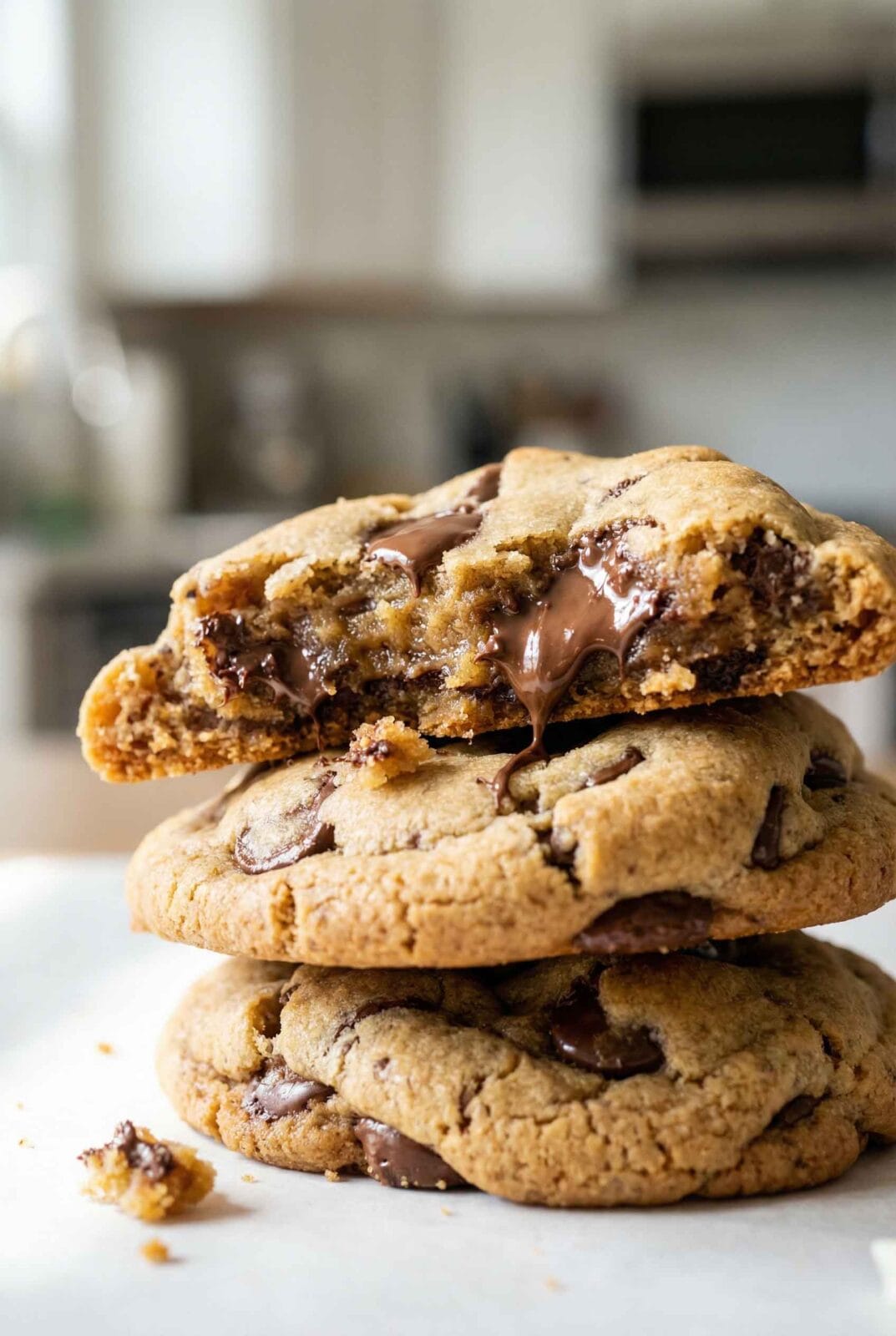 Stack of chocolate chip cookies broken open showing soft, gooey interior and melted chocolate
