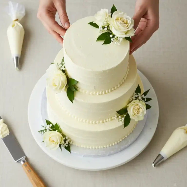 Elegant three-tier homemade wedding cake with smooth vanilla buttercream frosting and simple