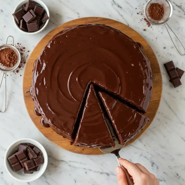 Overhead view of whole triple chocolate cake with chocolate ganache dripping down sides