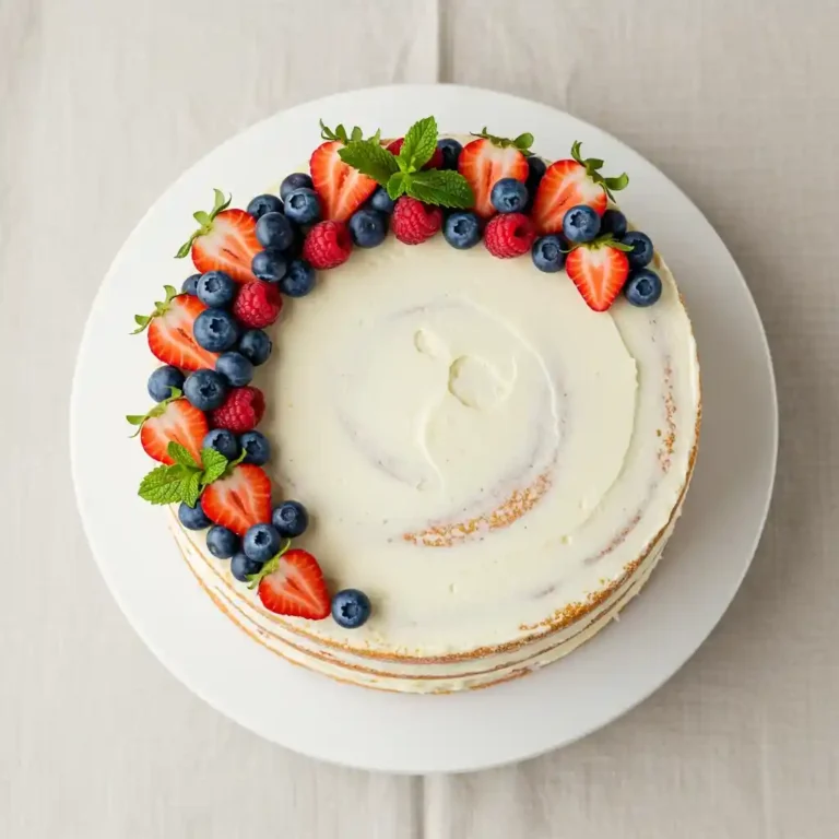 Overhead view of complete three-layer vanilla naked cake decorated with fresh berries on a white cake stand
