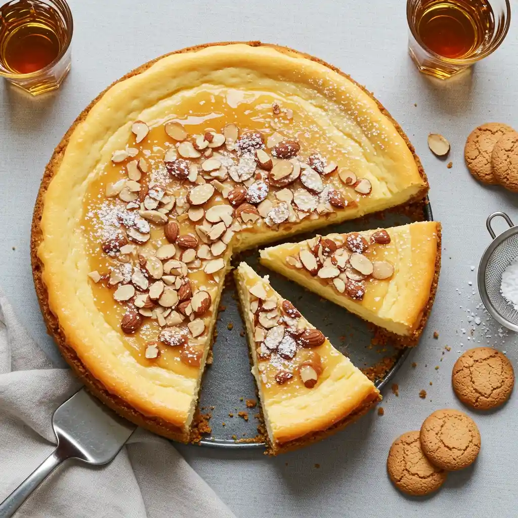Overhead view of a whole 9-inch Amaretto Cheesecake, fully garnished with toasted almonds and powdered sugar, with Amaretto liqueur nearby.