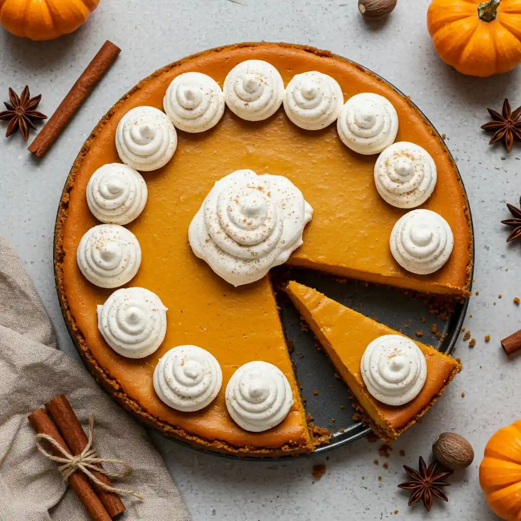 Overhead flat lay of a whole 9-inch Pumpkin Cheesecake with whipped cream and nutmeg, surrounded by fall decor like cinnamon sticks and mini pumpkins.