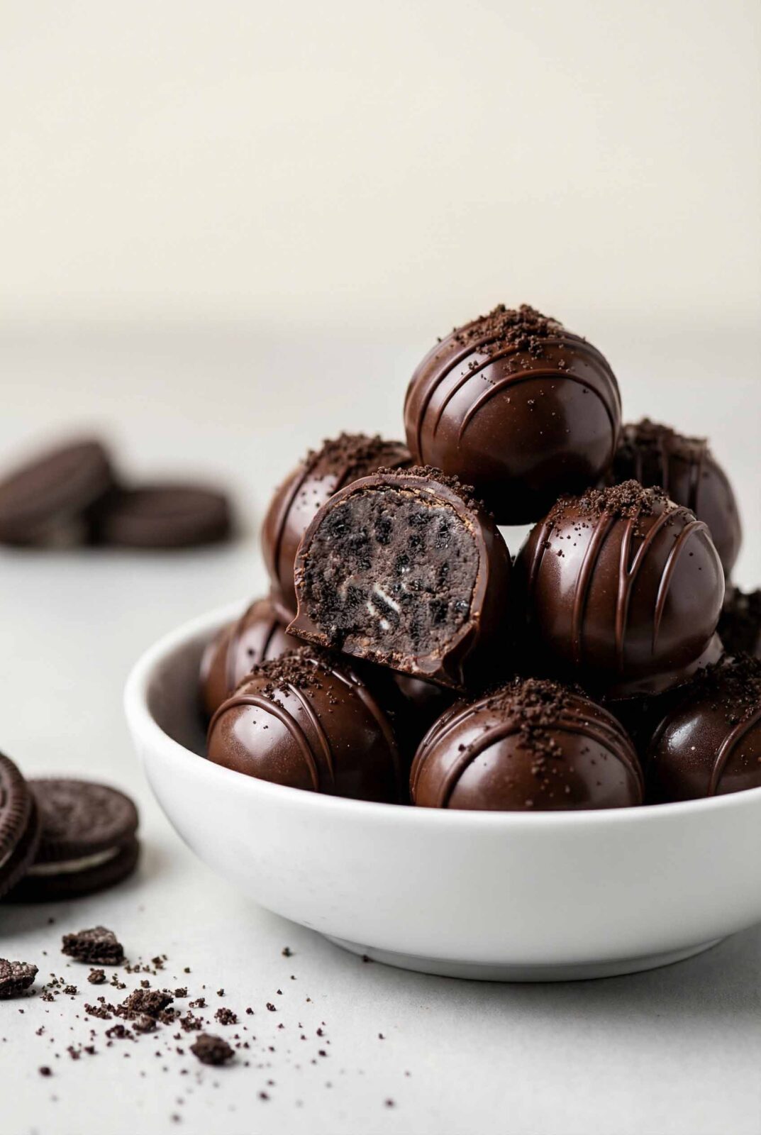 Extreme close-up macro of 3-Ingredient Oreo Truffles in a white bowl with glossy chocolate shells and Oreo crumb topping, vertical 2:3 with clean negative space.