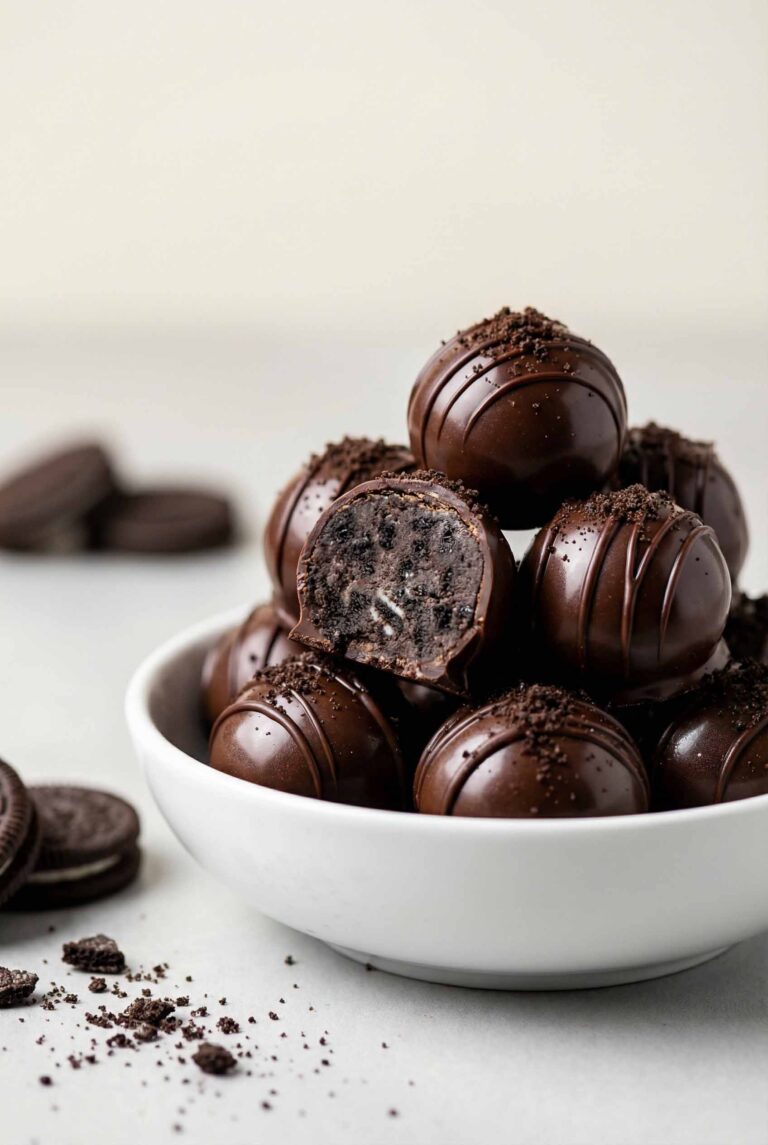 Extreme close-up macro of 3-Ingredient Oreo Truffles in a white bowl with glossy chocolate shells and Oreo crumb topping, vertical 2:3 with clean negative space.