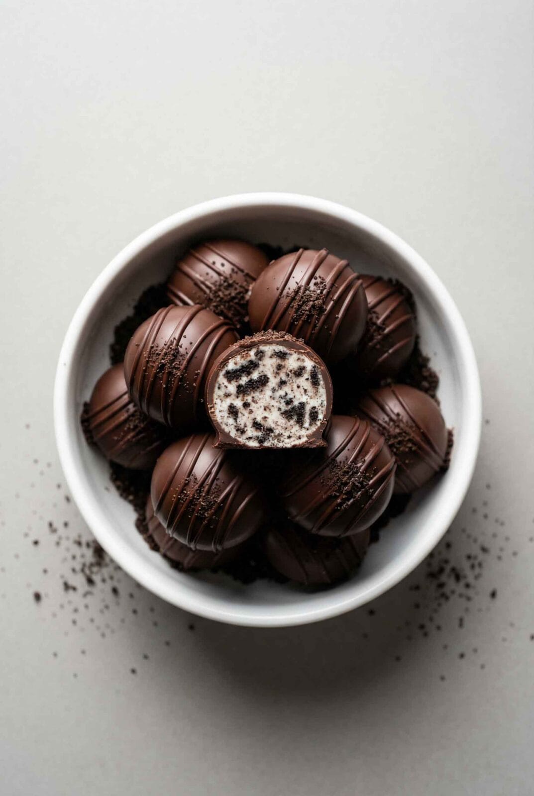 Overhead top-down macro of 3-Ingredient Oreo Truffles piled in a centered white bowl, one halved on top, glossy chocolate shells with Oreo crumb dust on a clean light-gray background, vertical 2:3.