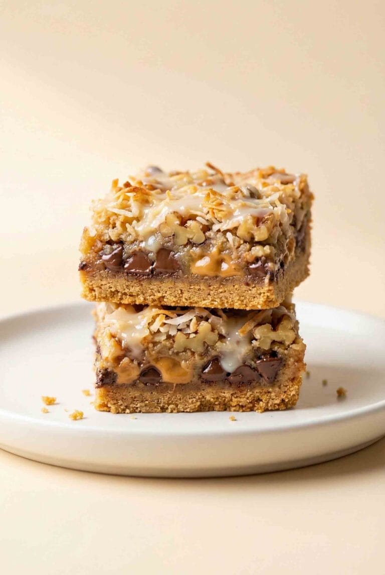 Vertical hero image of stacked 7 layer magic cookie bars on a white ceramic plate, showing distinct layers of graham crust, chocolate chips, butterscotch chips, nuts, coconut, and condensed milk on a warm cream minimalist background.