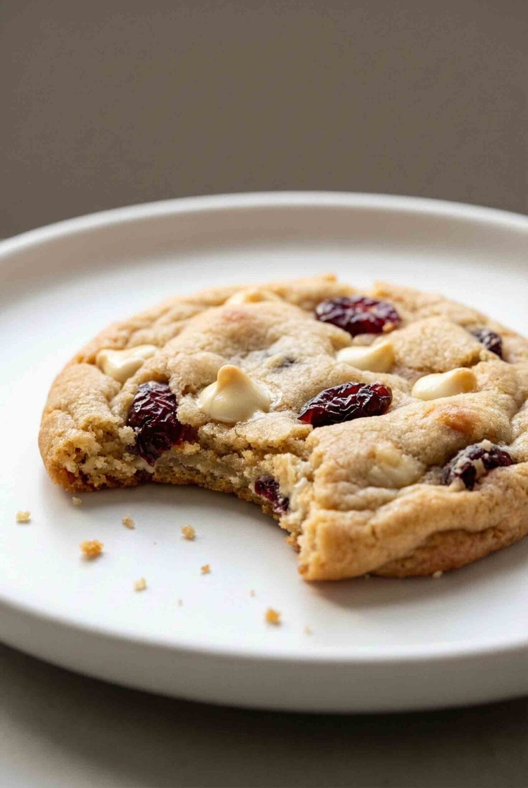 Extreme macro close-up of a white chocolate cranberry cookie showing detailed crumb, melted white chocolate, glossy cranberries, and golden cookie surface with shallow depth of field on a warm gray background.