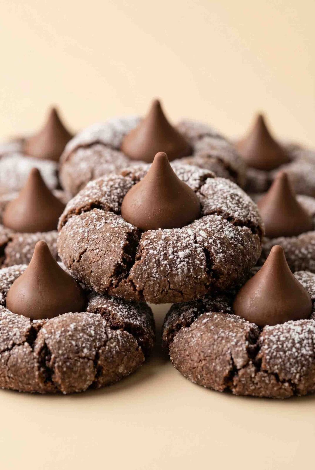 Centered macro hero image of chocolate blossoms cookies with cracked powdered sugar coating and milk chocolate kisses, photographed on a warm cream background with soft natural lighting.