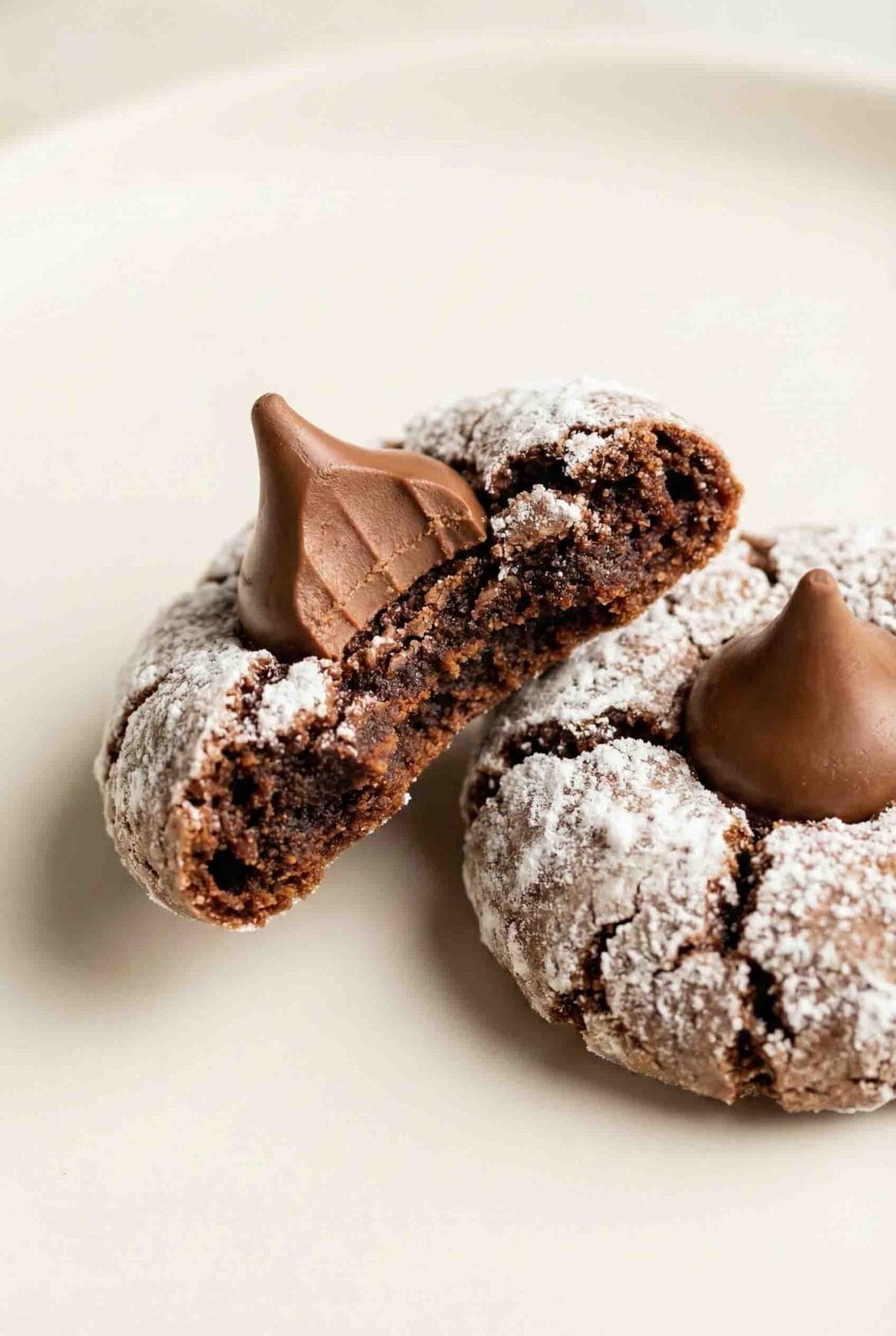 Extreme macro close-up of chocolate blossoms cookies showing cracked powdered sugar exterior, fudgy chocolate interior, and smooth chocolate kiss on a warm soft-white background.