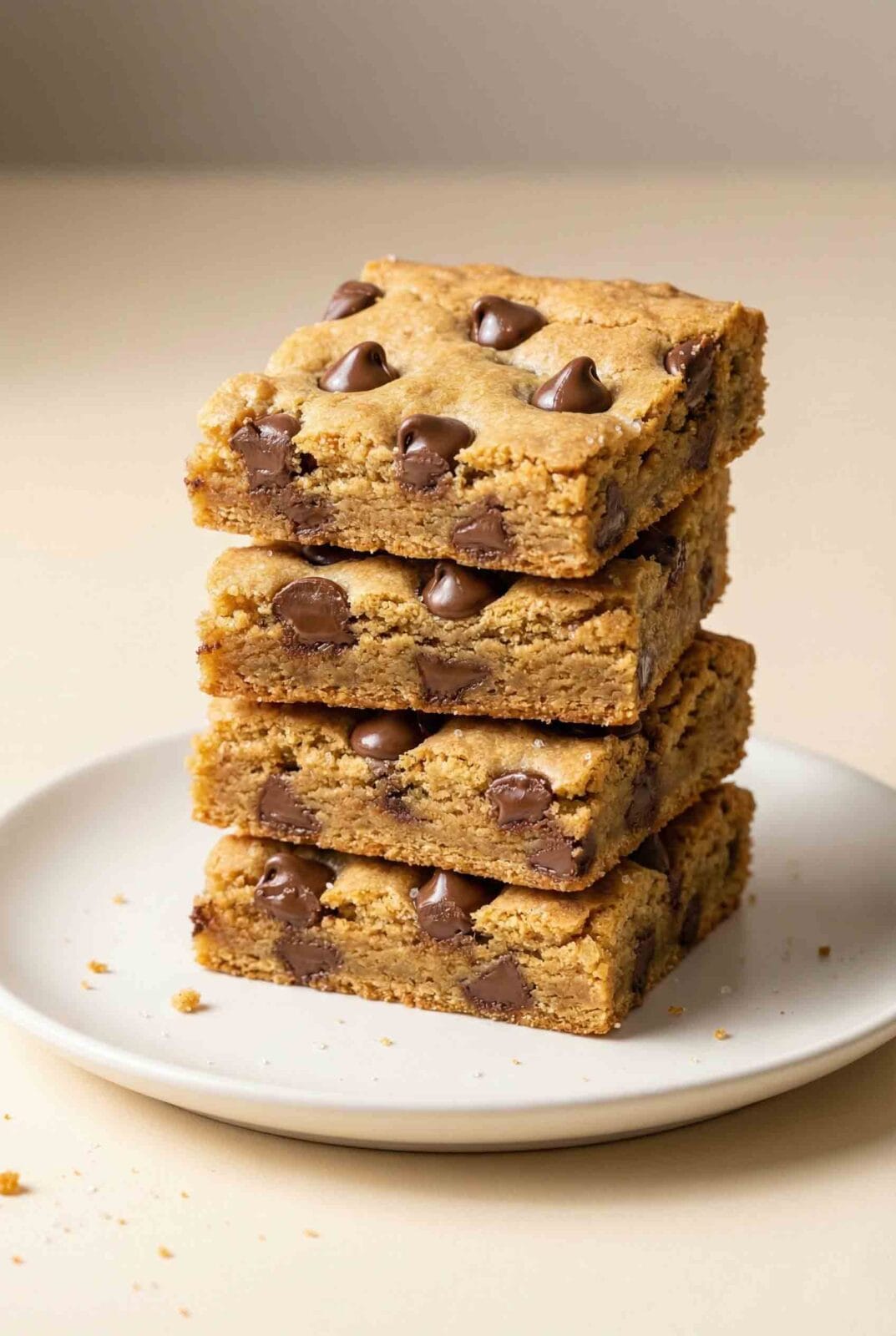 Vertical hero image of stacked chocolate chip cookie bars with firm, non-melted chocolate chips, golden edges, and detailed crumb texture on a smooth warm cream background.