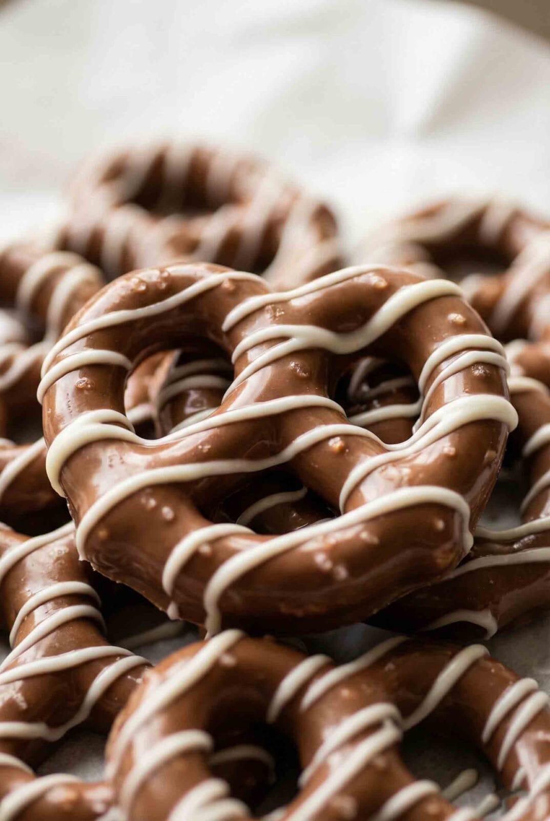 Extreme close-up macro shot of a stack of milk chocolate covered pretzels with white chocolate drizzle, highlighting the glossy surface and rich texture.
