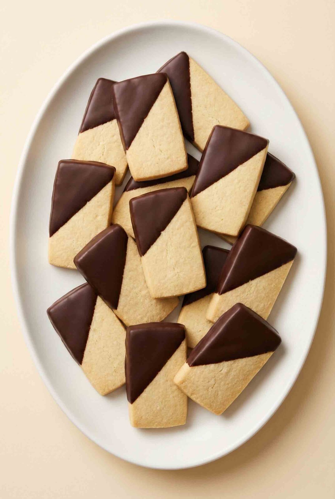 Overhead view of 12 chocolate dipped shortbread cookies on a white plate, buttery rectangular cookies with smooth dark chocolate coating