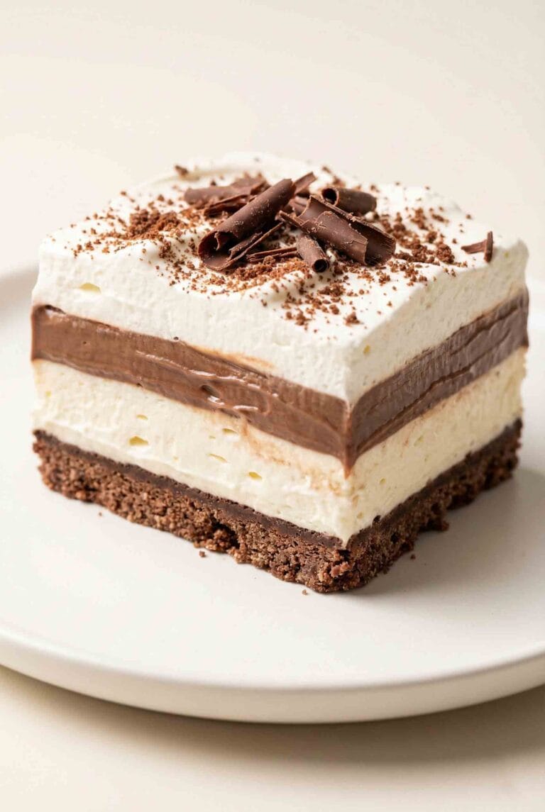 Chocolate Lasagna (No-Bake) dessert with chocolate cookie crust, creamy vanilla layer, chocolate pudding, and whipped topping on a plate