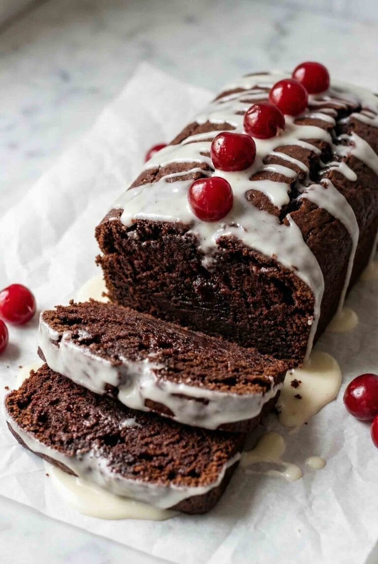 Chocolate loaf cake with white glaze drizzle and maraschino cherries, showing moist fudgy interior slices on parchment paper