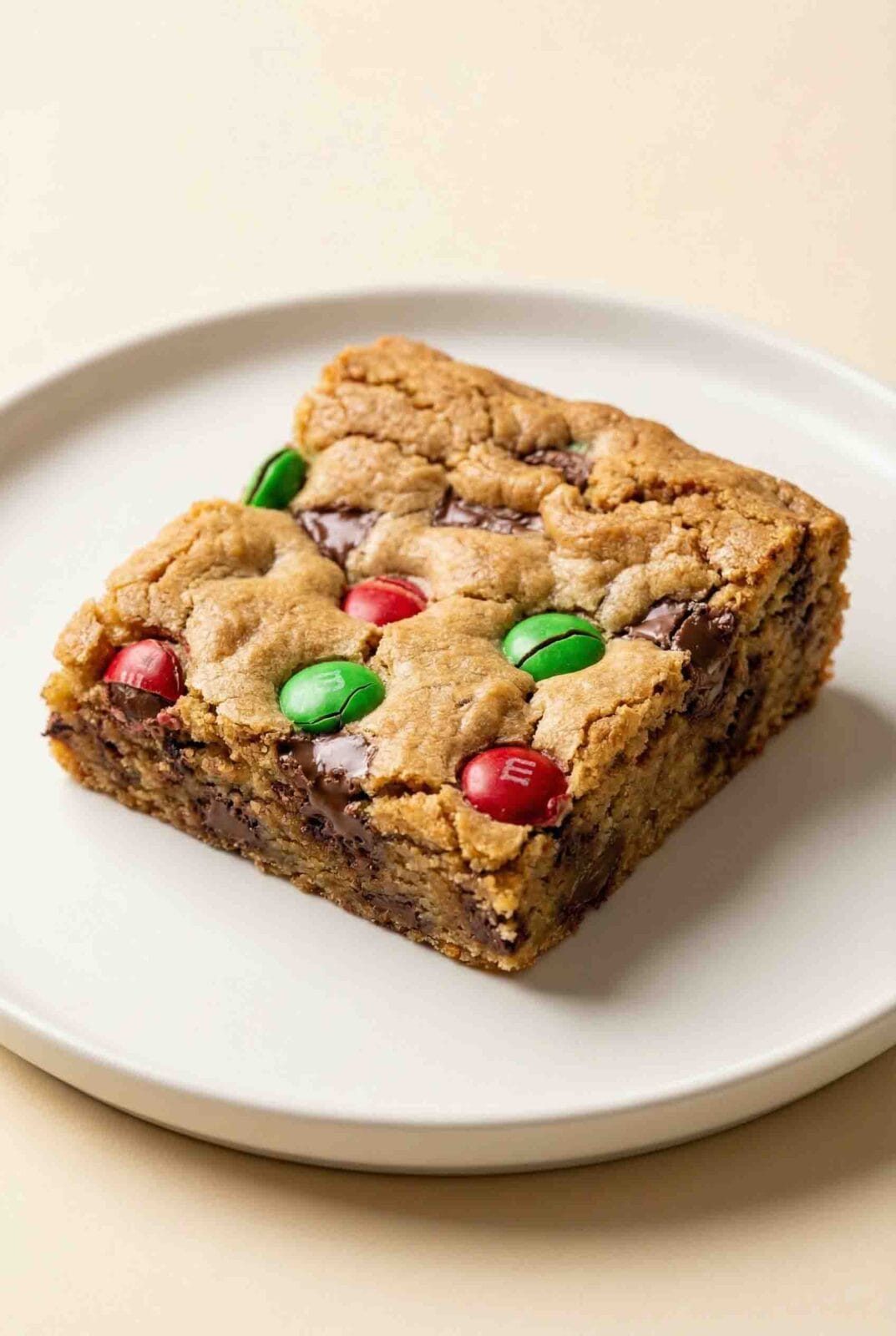Christmas M&M Cookie Bars displayed as a thick bakery-style cookie bar on a clean white plate, featuring golden-brown cookie crumb, visible chocolate chunks, and festive red and green M&M candies with a slightly crackled surface and soft, moist texture.