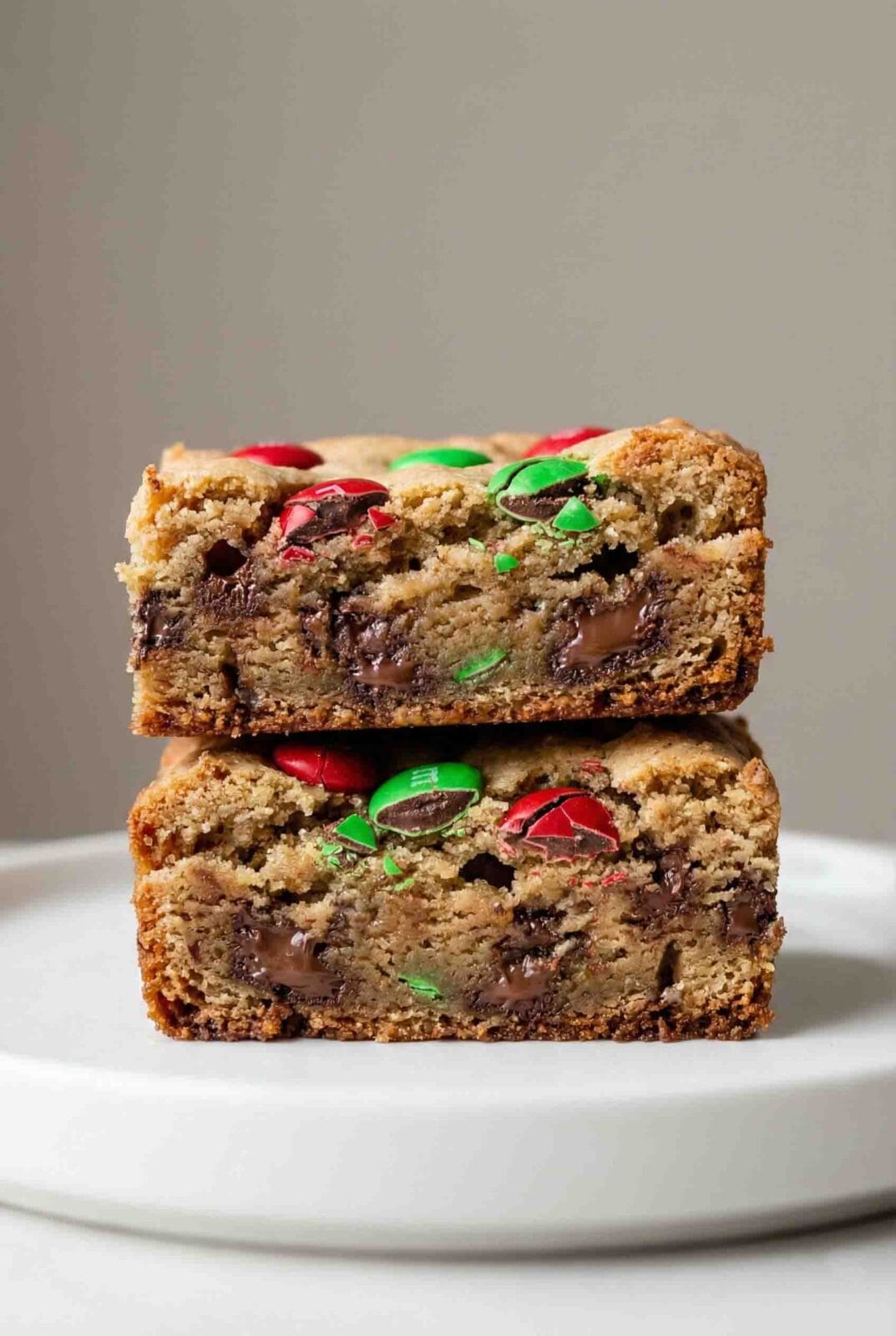 Extreme close-up of Christmas M&M Cookie Bars showing the interior crumb structure, dense golden cookie texture, embedded chocolate chunks, and red and green M&M candies, highlighting moist layers, caramelized edges, and rich bakery-style texture.