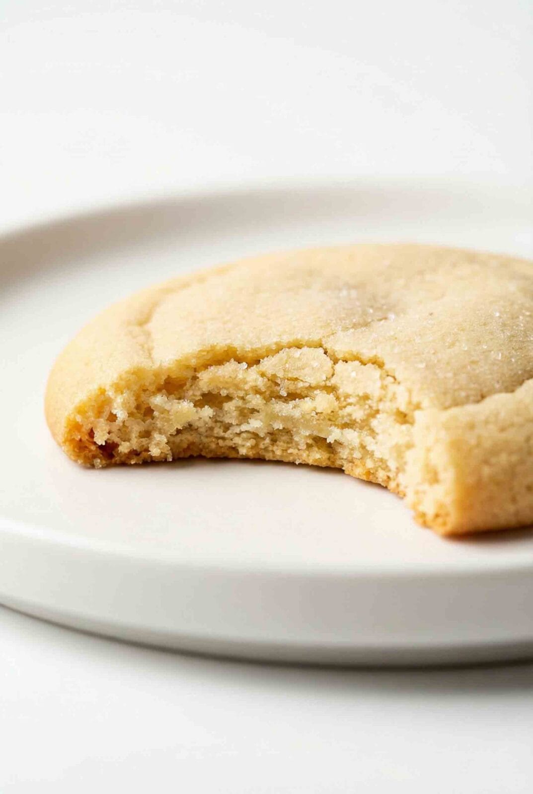Ultra-close macro shot of a bitten classic sugar cookie on a matte white plate with detailed crumb texture in a clean white studio backdrop.