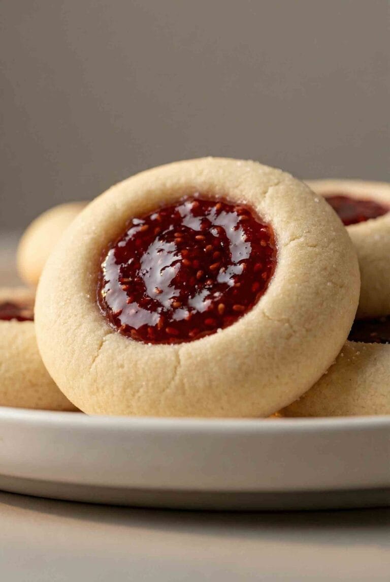 Close-up of a crack-free raspberry thumbprint cookie on a white plate and warm gray background