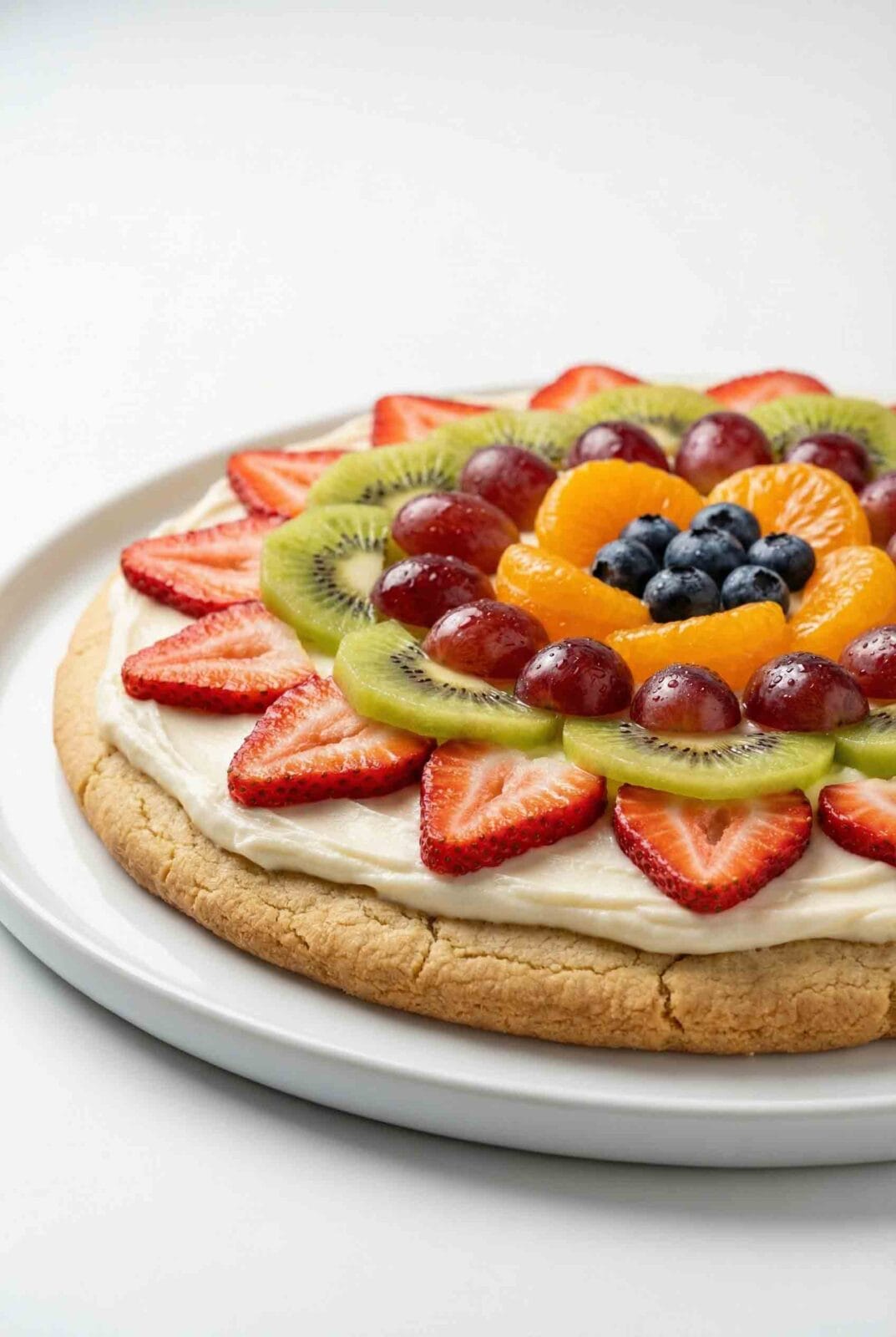 A full fruit pizza on a white plate, topped with layers of fresh strawberries, kiwi slices, grapes, blueberries, and mandarin orange segments over a creamy frosting, photographed at a 45-degree angle in a clean, bright studio setting.