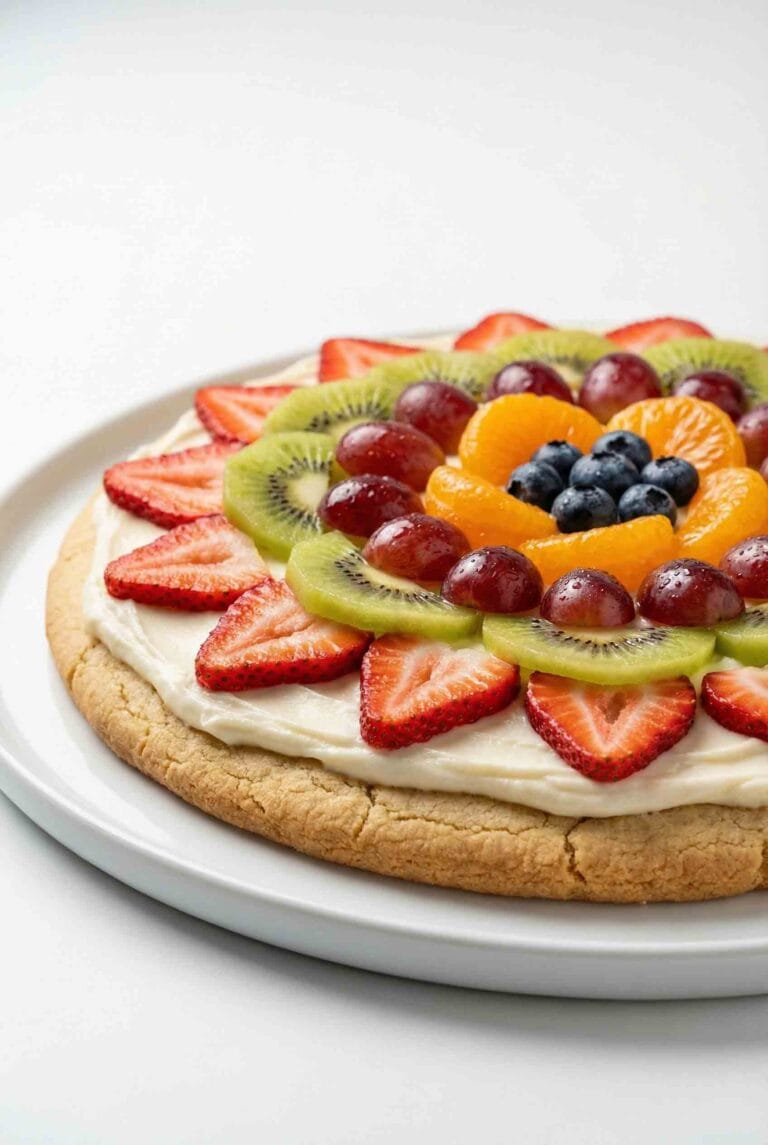 A full fruit pizza on a white plate, topped with layers of fresh strawberries, kiwi slices, grapes, blueberries, and mandarin orange segments over a creamy frosting, photographed at a 45-degree angle in a clean, bright studio setting.