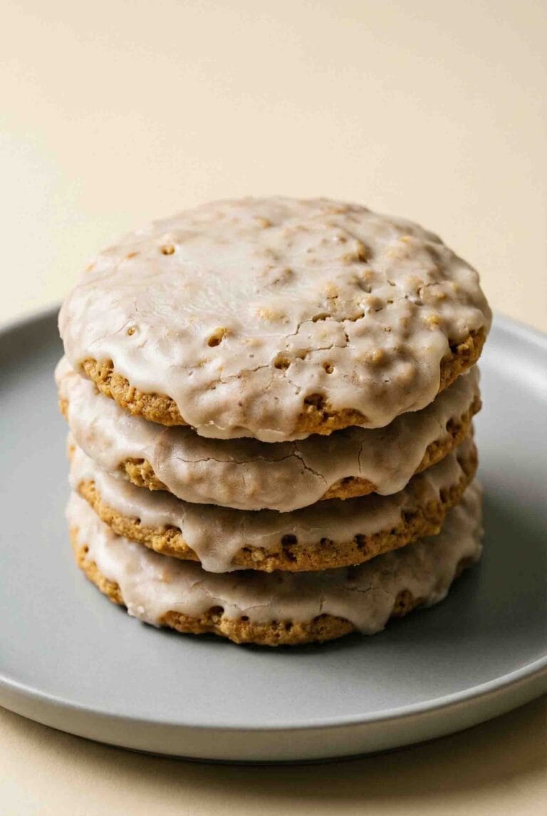 Close-up hero image of iced oatmeal cookies stacked on a matte ceramic plate, each cookie fully coated in hardened vanilla frosting, photographed with warm natural lighting on a soft cream background.