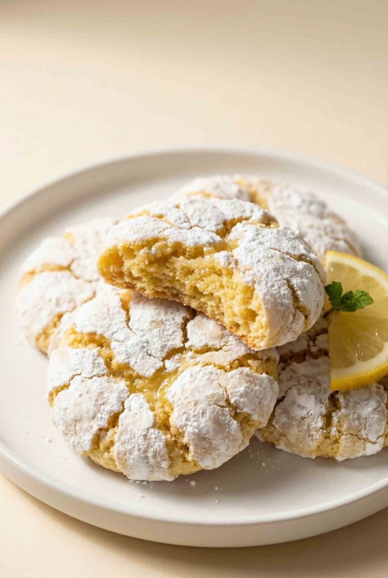 Vertical hero image of lemon crinkle cookies arranged on a matte white plate against a warm cream background, showing thick powdered-sugar crackles, golden cookie texture, and minimal lemon garnish in a clean, modern editorial style.