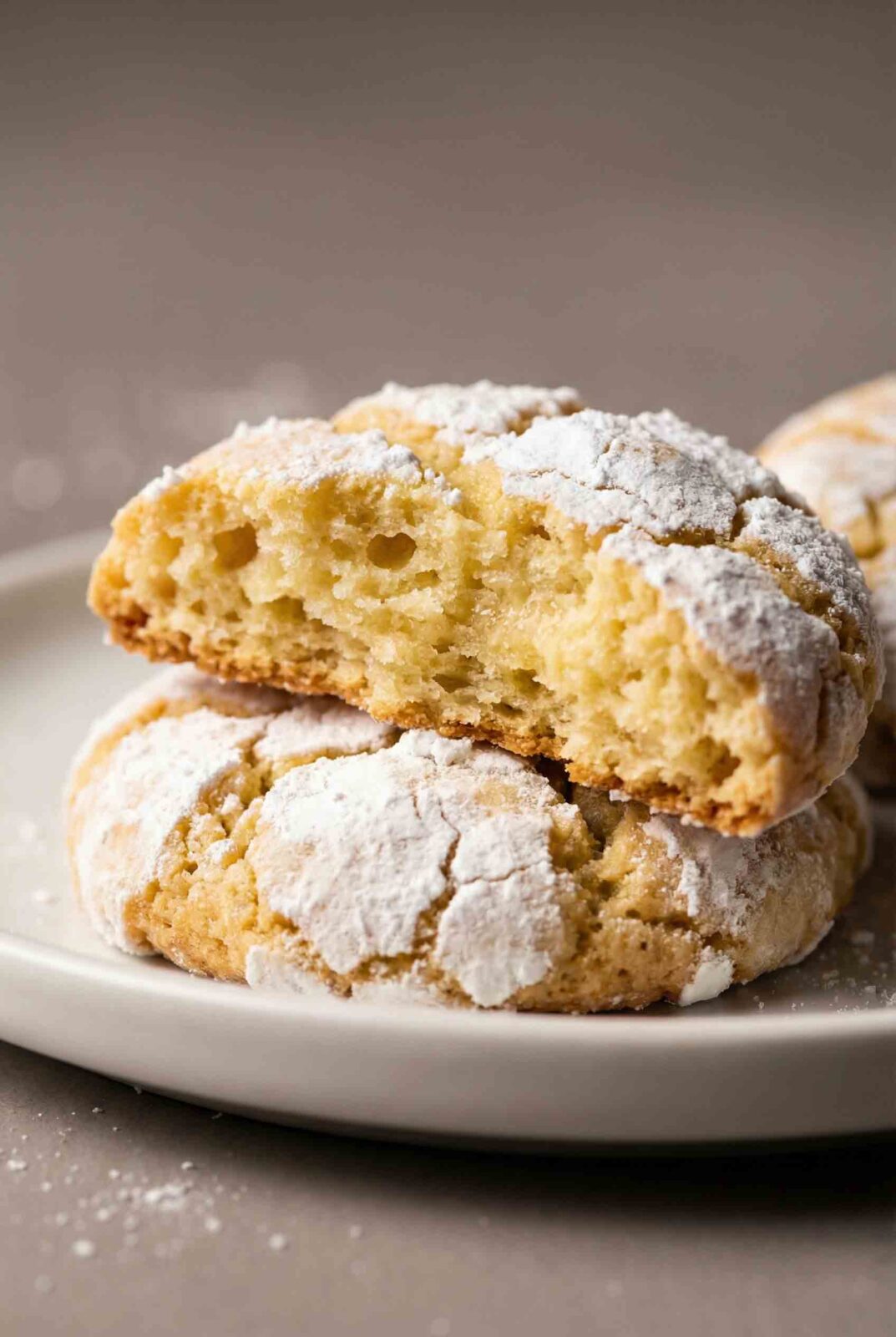 Extreme macro close-up of a broken lemon crinkle cookie revealing its soft crumb, deep powdered-sugar fissures, golden interior texture, and shallow depth of field on a warm gray background for a modern, professional food photography look.