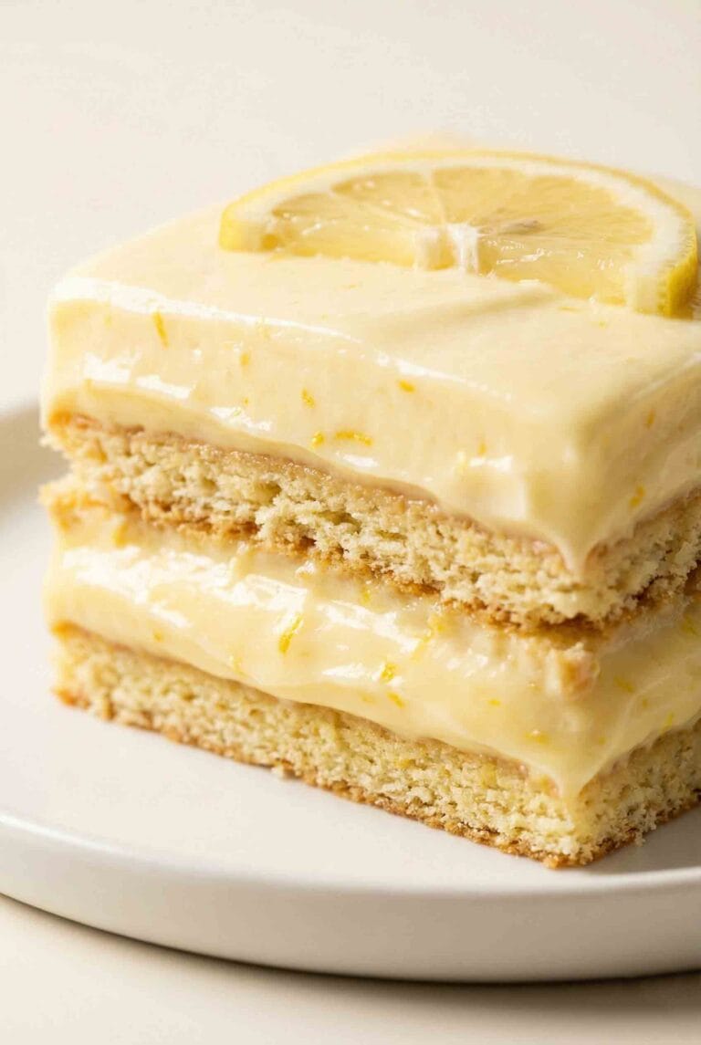 Lemon Icebox Cake with ultra-creamy lemon filling and softened cookie layers, shown close-up with exaggerated textures on a white plate