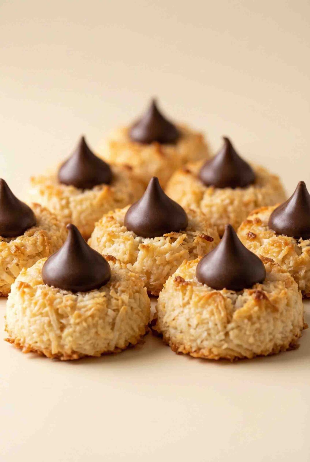 Centered macro hero image of macaroon kiss cookies made with shredded coconut and topped with chocolate kisses, photographed on a warm cream background with soft natural lighting.