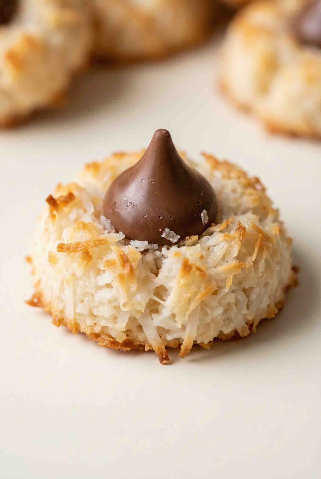 Extreme macro close-up of a centered macaroon kiss cookie showing shredded coconut texture, chewy coconut interior, and smooth chocolate kiss on a warm soft-white background.