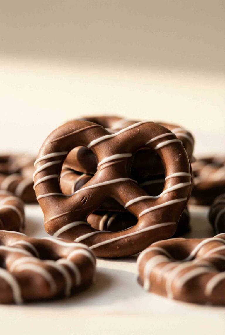 Eye-level close-up of a single chocolate-covered pretzel with white striping standing vertically against a blurred background, bathed in soft warm light.