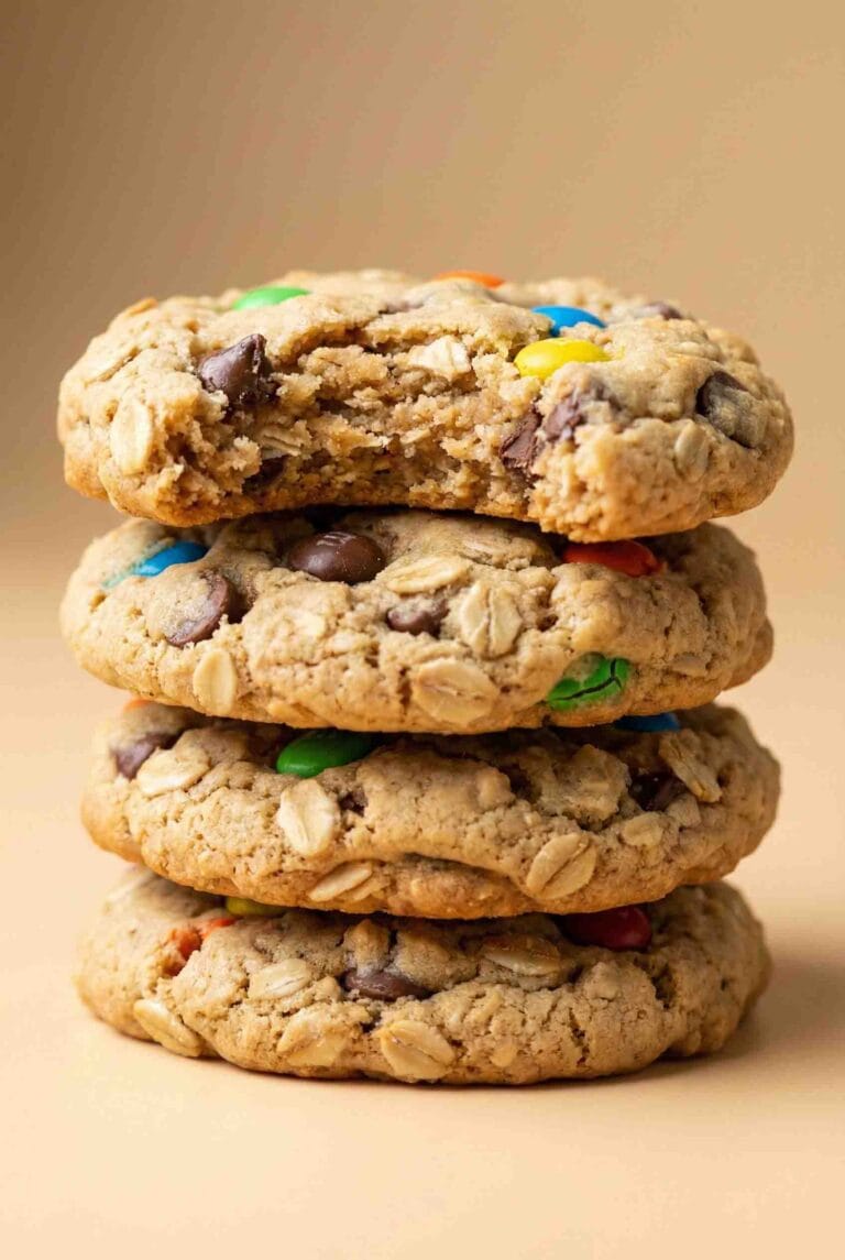 Gluten-free monster cookies made with oats and peanut butter stacked in four layers, featuring a bitten top cookie that reveals a soft crumb with visible oat flakes, chocolate chips, and colorful candy-coated chocolates in a thick yet classic monster cookie texture.