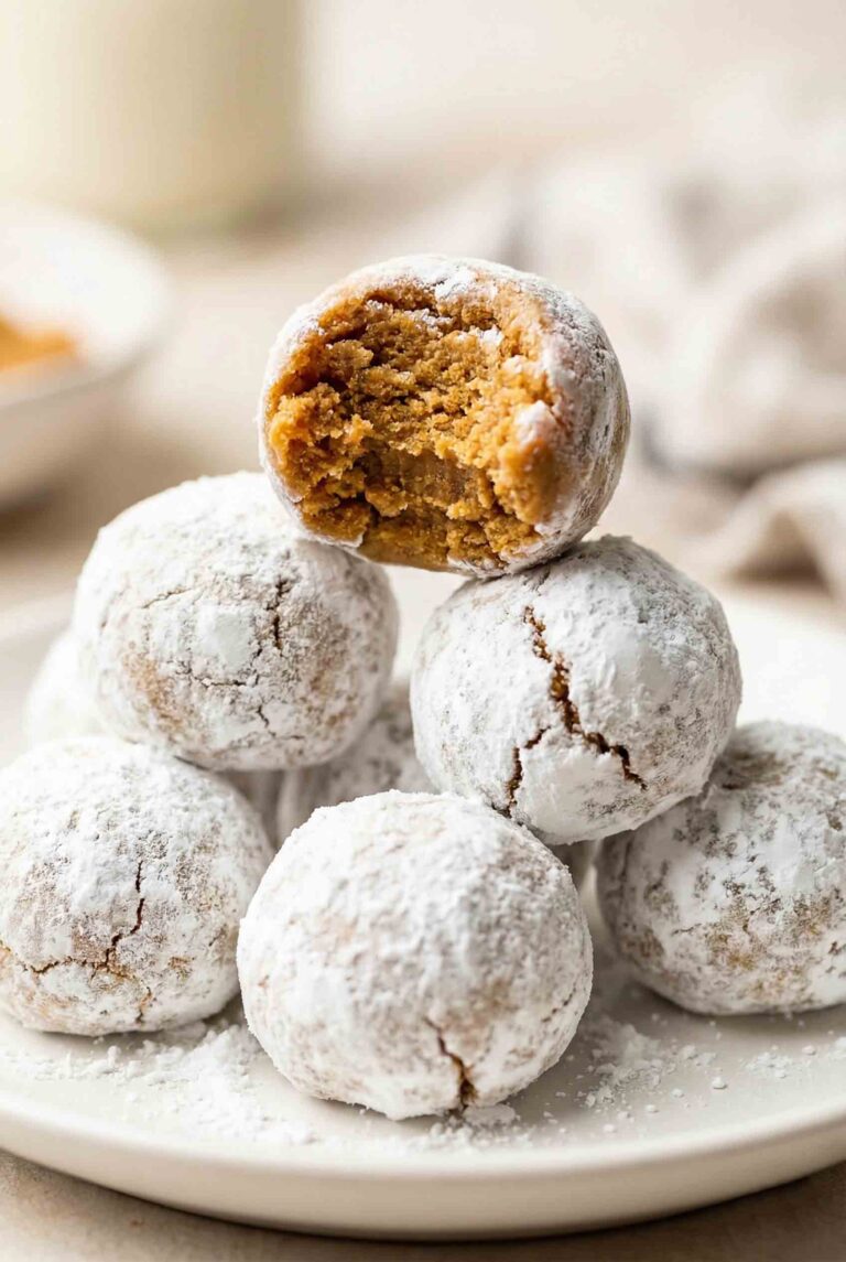 No-bake gingersnap balls coated in powdered sugar on white plate, showing dense cookie crumb interior with bite taken