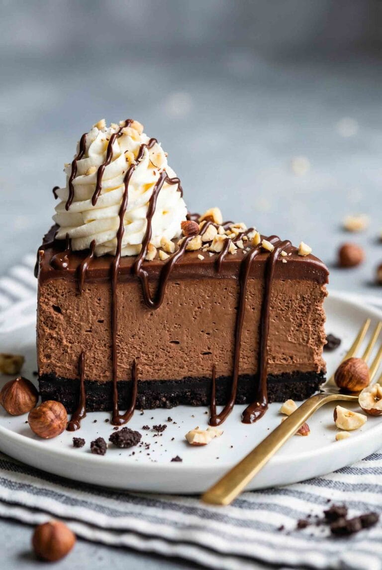 Close-up of no-bake Nutella cheesecake showing smooth chocolate mousse texture, glossy Nutella drizzle, crunchy cookie crust, and chopped hazelnuts