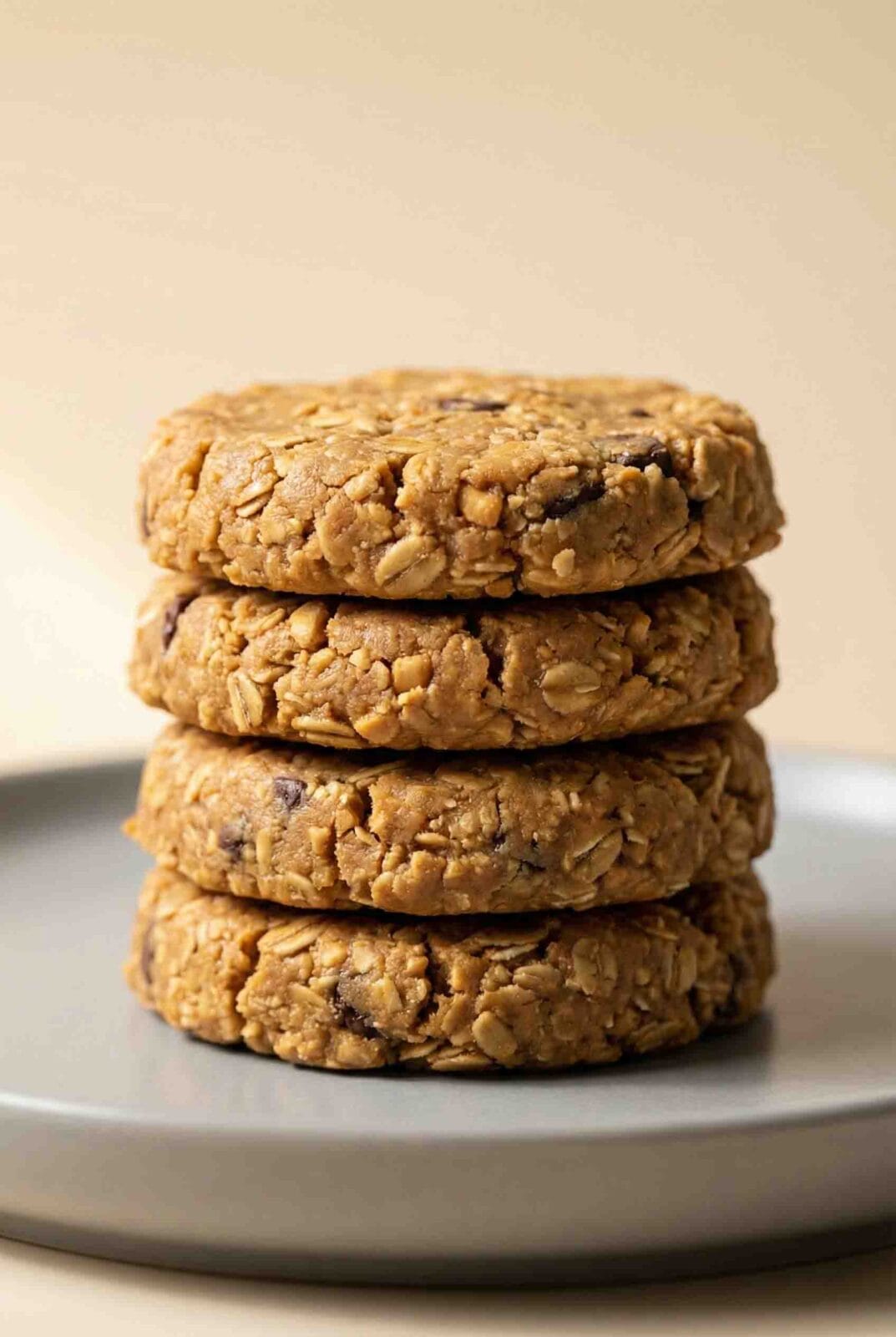 Close-up macro photo of four no-bake peanut butter oatmeal cookies stacked on a matte plate, showing firm and chewy oat texture with warm natural lighting on a soft cream background.