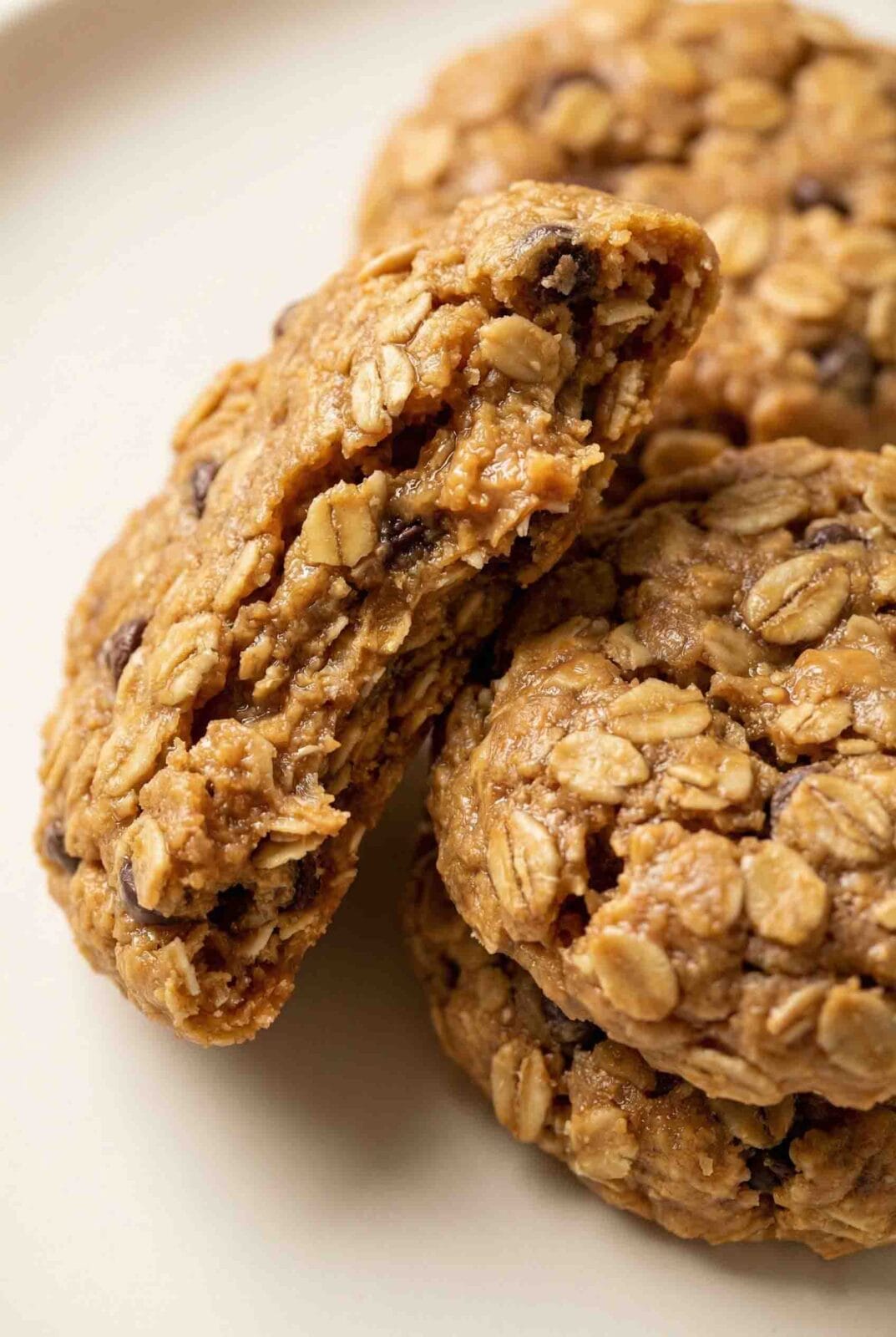 Extreme macro image of two to three no-bake peanut butter oatmeal cookies stacked and overlapping, highlighting dense chewy oat clusters and detailed peanut butter texture on a warm soft-white background.