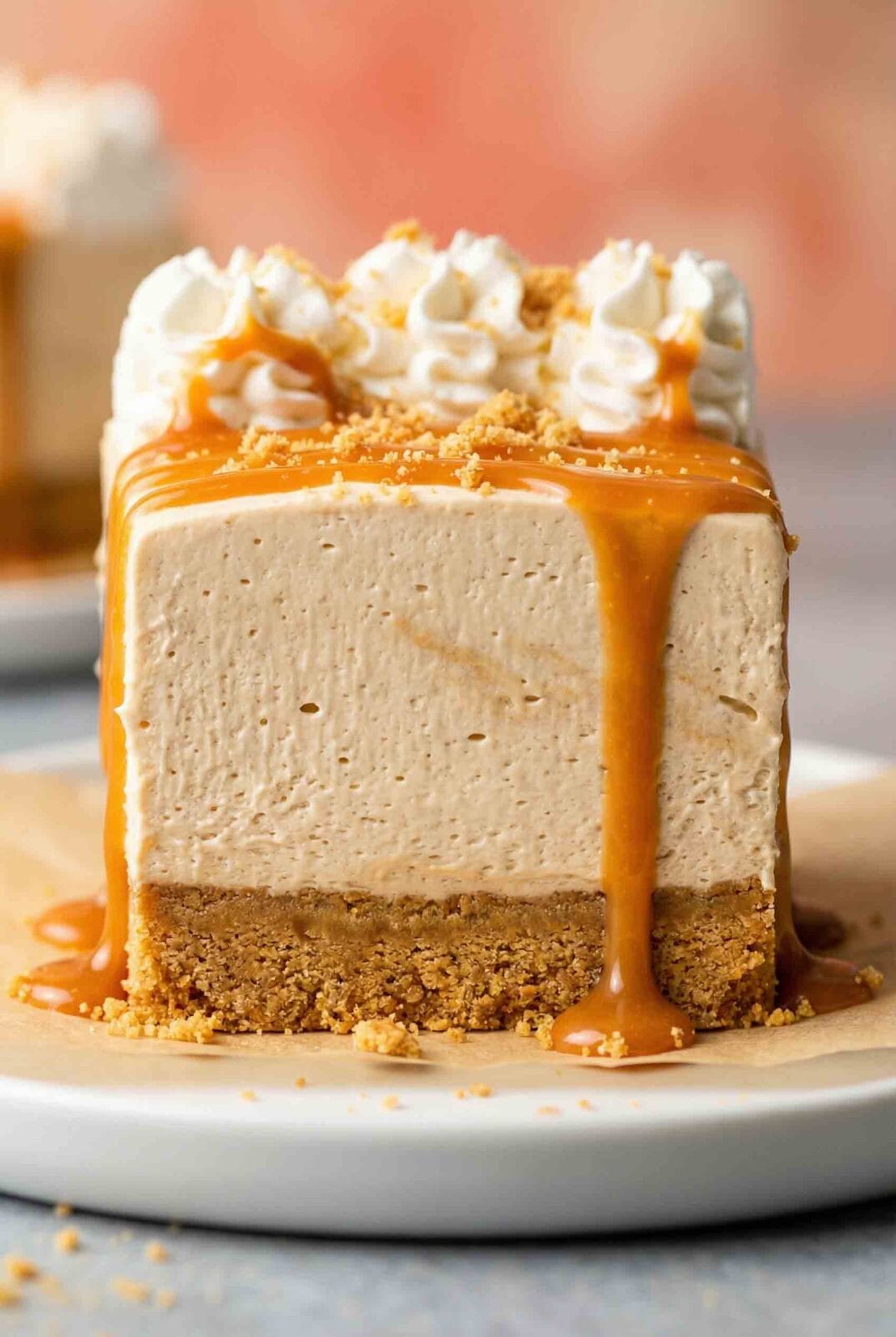 Cross-section of no-bake salted caramel cheesecake showing three layers - graham cracker crust, creamy cheesecake filling, whipped cream topping with caramel drizzle