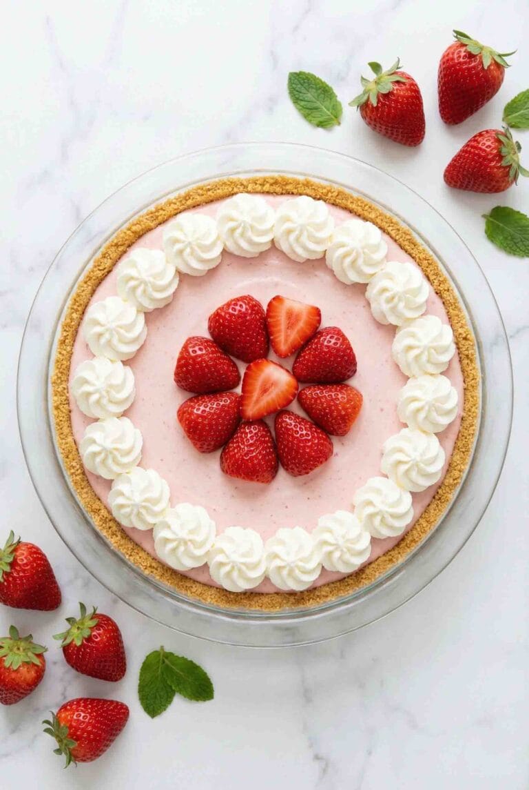Overhead no-bake strawberry cheesecake with creamy pink filling, graham cracker crust, whipped cream rosettes, and fresh strawberries
