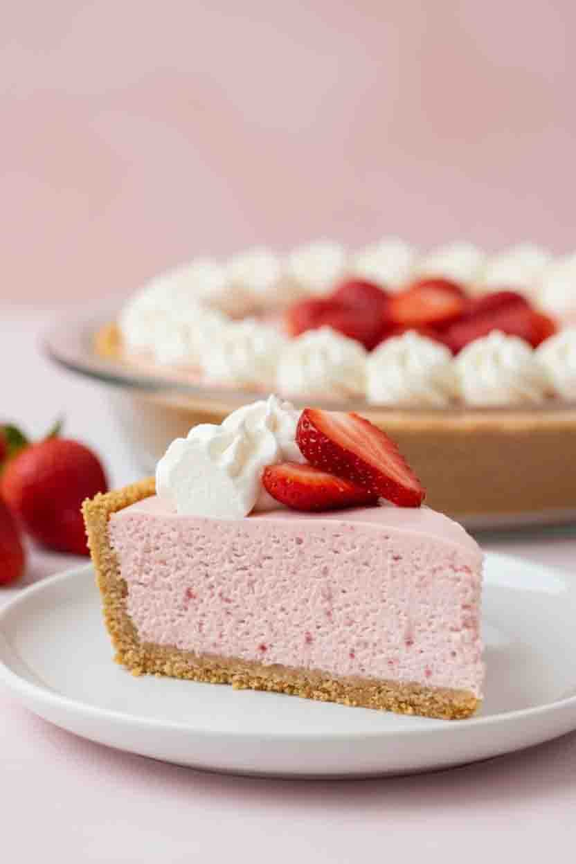 Large slice of no-bake strawberry cheesecake showing thick creamy filling, buttery graham crust, whipped cream, and fresh strawberry topping